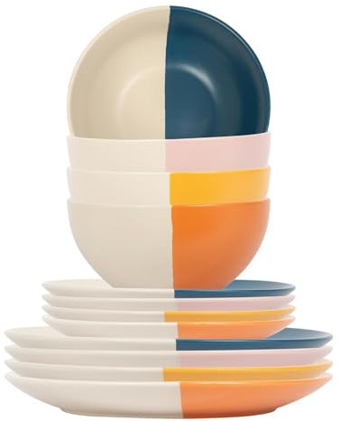 Nicola Spring 12pc Stoneware Dinner Set - Multicolour - 4-Person Dining Set Kitchen Ceramic Two Tone Dinnerware Crockery Plates and Bowls Set for Starters, Sides, Mains, Dessert
