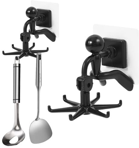 Hwtcjx 2 Pièces Porte Ustensiles Cuisine, Support Ustensiles Cuisine avec 6 Crochets, Crochets Auto Adhésifs Rotatif À 360°, Sans Perçage Rangement Organiseur Rack pour Cuisine/Bains (Noir)