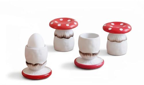 RESVUGA Cute Mushroom Egg Cups, Mini Cake Stand for Egg Tarts or Snacks. Set of 4, Handmade Glaze Ceramics Soft Boiled Egg Holder, Breakfast Kitchen Cooking. (Red)