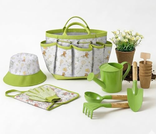Kids Gardening Set Outdoor Toys，18PCS Garden Tool Kit Includes Tote Bag, Apron, Gloves,Shovel, Rake, Watering Can, Peat Pots etc.OutsideTools Fun Toys for Kids Boys Girls Ages 4 to 12 (Green)