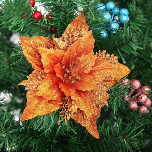 ZiStarlilife Lot de 5 grandes fleurs poinsettia à paillettes pour sapin de Noël - Diamètre : 18 cm - Décorations à suspendre pour fête de Noël, maison, jardin, mariage (orange)