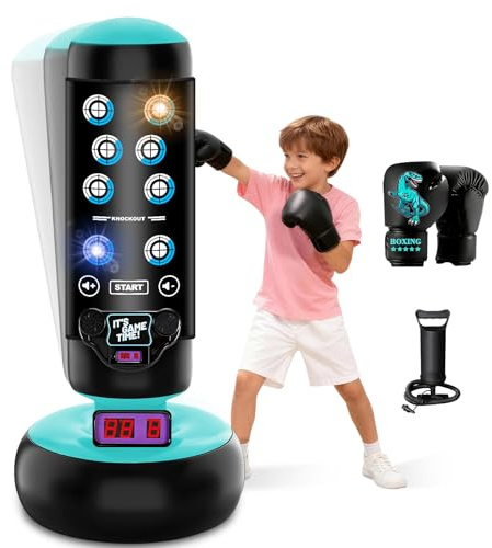 Punching Bag for Kids, 66 Inch Inflatable Boxing Bag with Boxing Gloves, Kid Boxing Set with Scoring, Light, Music, Stand Kids Punching Bag Toy for Age 4-12, for Practicing Karate, Taekwondo, MMA