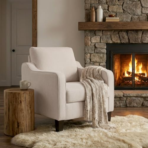 XH.Easy Go Armchair for Living Room,Mid Century Modern Accent Chair with Thick Cushion,Upholstered Linen Fabric Single Sofa Chair for Small Spaces,Comfy Arm Chair for Bedroom,Apartment,Office,Beige