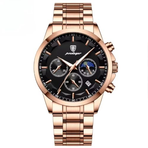 Reloj Cuarzo Hombre Acero Inoxidable, Resistente al Agua, Cronógrafo, Cronómetro, Día y Fase Lunar, Manecillas Luminosas, Estilo Deportivo y Lujoso, Incluye Kit de Ajuste de Correa (Oro Rosa)