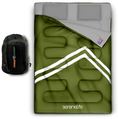 Backpacking Sleeping Bag Camping Gear - Double Sleeping Bag for Adults/Teens W/ 2 Pillows, Bag - Outdoor Lightweight Weather Proof Sleeping Bags for Camping, Backpacking, Hiking - SereneLife SLSBX9