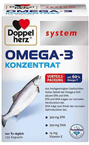 Doppelherz system OMEGA-3 KONZENRAT – Mit 300 mg EPA und 200 mg DHA pro Kapsel als Beitrag für die normale Gehirn- und Herzfunktion – 120 Kapseln