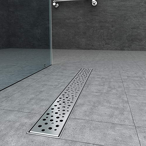 AICA Duschrinne Edelstahl 90 cm, Duschablauf, Bodenablauf Komplettset extra flach, Ablaufrinne mit Siphon, Geruchsstop und Haarsieb - Tropfen