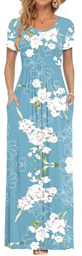 AUSELILY Mujer Verano Vestido Señorita Maxi Vestido de Manga Corta Bolsillo Flor Azul Claro XXL