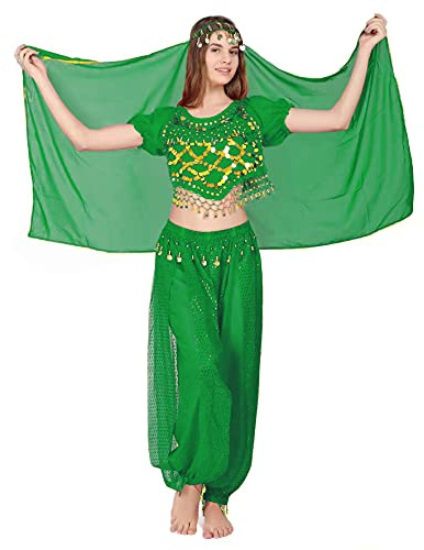 Carnavalife 3Pcs Mujeres Danza del Vientre, Ropa India Lentejuelas para Disfraz de Princesa, Conjunto de Bailando Top Pantalones de Linterna y Cadena de la Cabeza Barbijo