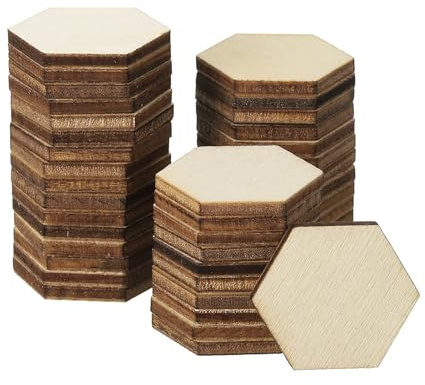 PATIKIL 25 mm träbitar, 100-pack, hexagonala former av råträ, ihåliga träsilhuetter för naturliga prydnader för julhantverksprojekt