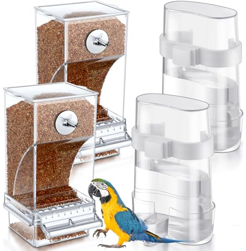 Yaomiao 4 Pcs No Mess Small Bird Feeders Automatic Parakeet Water Dispenser Clear Quail Feeder and Watered Cage Accessories for Small and Medium Parakeet Cockatiel Canary(Assorted,Transparent)