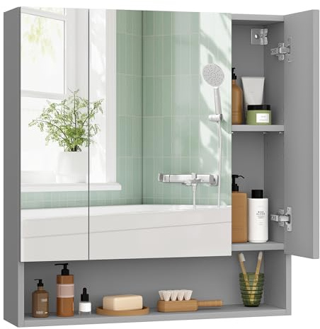 VASAGLE Kailyn Colección - Armario de Baño con Puertas, Armario de Pared con Espejo, Compartimento Abierto, Estantes Ajustables, 16,5 x 70 x 75 cm, Gris Paloma BBK129G01