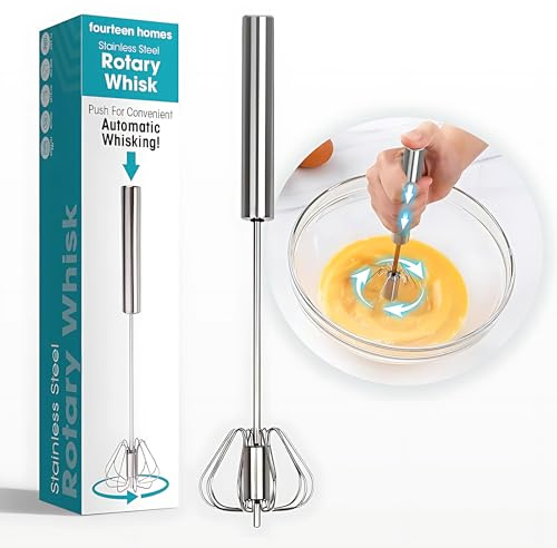 Fourteen Homes Stainless Steel Egg Whisk - Hand Push Rotary Blender & Versatile Milk Frother, 12in - Ideal for Blending, Whisking, Beating & Stirring