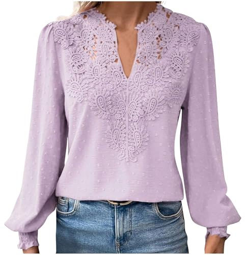 HAOLEI Long Sleeve Tops for Women UK Elegant Petite Lace V Neck Blouse Shirts Plain Swiss Dot Tunic Tops Dressy Casual Outfits Work Y2K Clothes Going Out Tops Ladies Sale Clearance Size 8-16