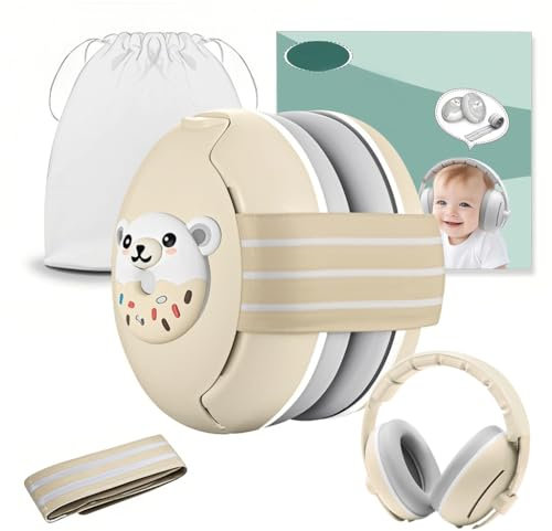 Robofun 2-in-1 Gehörschutz Baby Kopfhörer, Neugeboren Ohrenschützer mit Geräuschunterdrückung & Verstellbares Kopfband, Baby Kopfhörer Lärmschutz für Babys bis 48 Monate -Warmweiß