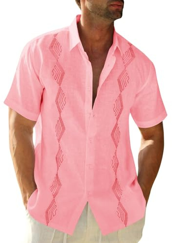 Runcati Camisa de hombre de manga corta de verano Guayabera mexicana Camisas de vacaciones de playa Camisa de lino con patrón, Rosa., L