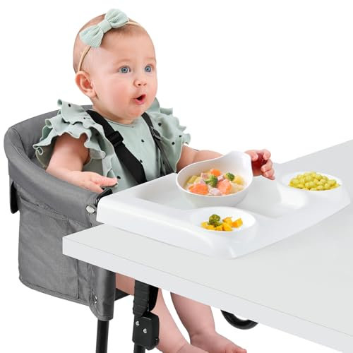 Ezebaby Tischsitz Klappbarer Sitzerhöhung Tragbarer Baby Hochstuhl Schnelle Anpassung mit 5-punkt Sicherheitsgurt und Tragetasche für Tischdicken von 2,5 bis 7,5 cm (Grau, mit Tablett)