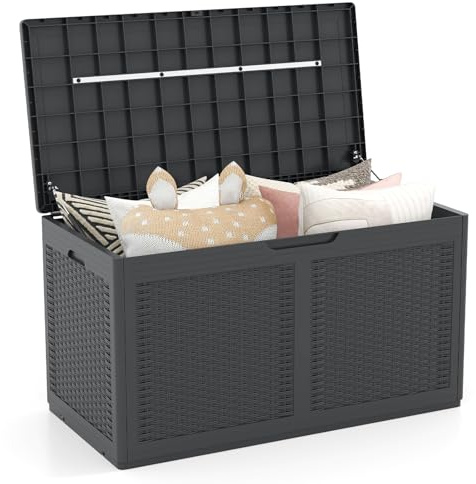 HOMASIS Baule da Esterno Impermeabile da 380L, Cassapanca da Esterno con Coperchio Bloccabile, Panca Contenitore da Giardino con 2 Ruote, 111 x 56 x 61 cm (Grigio)