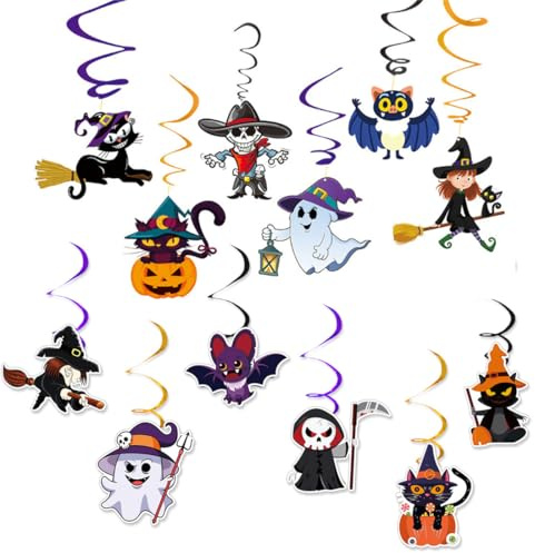 LONZIKP Colgante en Espiral, 12 Unidades, Guirnaldas, Remolinos Decorativos de Caricatura Halloween, con Brujas y Ghostsitter, Adornos para Fiestas, Accesorios Festivos,(Multicolor)