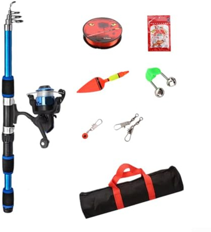 Canna da pesca telescopica da viaggio da 1 8 m, con mulinello, esche, ganci, completamente leggera, portatile, attrezzatura per uso esterno (blu)