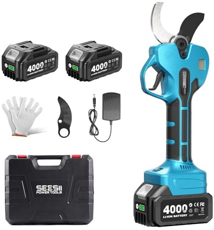 SeeSii Forbici da Potatura Elettriche 50 mm, Cesoie a Batteria 21V con 2×4.0Ah, Lame SK5 Bypass, Display LCD, Motore Brushless 800W, Potatore Elettrico Professionale