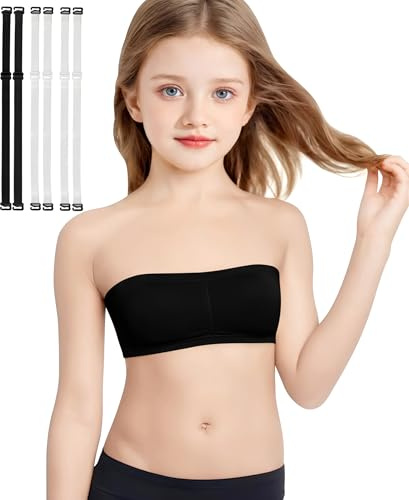 DANSHOW Girls Bandeau Seamless Training Bra Teen Crop Top | Comes with 2 pairs of adjustable clear straps, Removable bra pads, High-stretch ribbed fabric, Soft and skin-friendly