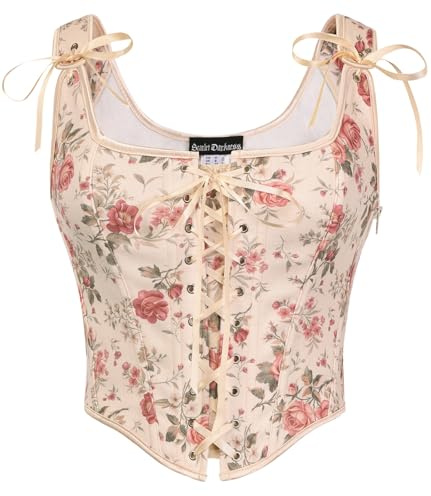 SCARLET DARKNESS Women's Floral Corset Top Cottagecore Vest Overbust Bustier Lace-up Vintage Medieval Renaissance Corsets