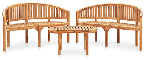 Qnhdfrt Juego de 3 muebles de jardín de madera de teca maciza, con 2 bancos y 1 mesa, diseño de plátano, para jardín y terraza, superficie pulida