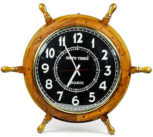 Nagina International, orologio da parete in legno realizzato a mano con orologio da parete al quarzo, decorazione per la casa dei pirati, quadrante nero