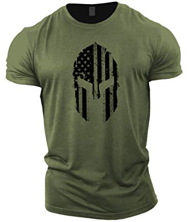 GYMTIER Maglietta da uomo con casco spartano, bandiera USA, per bodybuilding, allenamento, sollevamento pesi, Verde, S