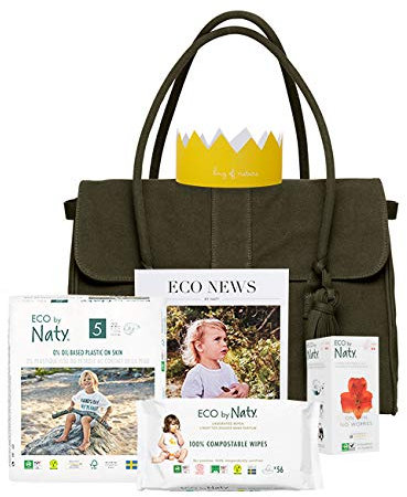 Eco by Naty, Wickeltasche beinhaltet 1 Packung Größe 5 Windeln, 1 Packung Baby-Feuchttücher ohne Duft, 1 Box Slipeinlagen Normal
