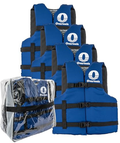 Overton's Universal Adult Life Jacket - Pack of 4, Nylon Shell with Closed-Cell Foam, Open Sides and Sturdy Belts, USCG Approved Type III, Fits Chest Sizes 30 to 52, Includes Zippered Storage Bag