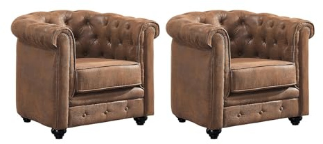 Vente-unique - Lot de 2 Fauteuils Chesterfield en Microfibre Aspect Cuir Vieilli