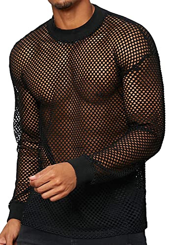 AIEOE Homme Haut en Résille Transparent T-Shirt Manches Longues Nightclubwear Col Rond sous-Maillot Noir 02 FR S/Lable Taille M