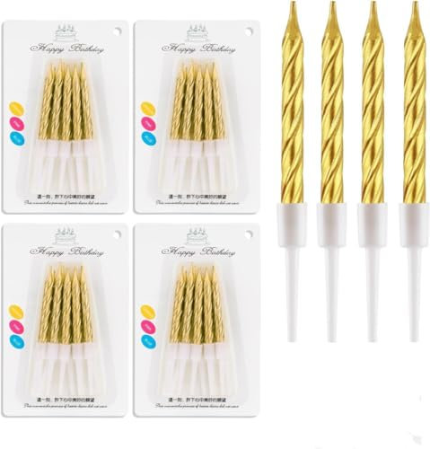 Lohill 40 Stücke Geburtstagskerzen, Spiral Metallisch Kerzen für Torte, Kuchenkerzen mit Halterung, Cupcake Kerzen, Kurze Dünne Kuchen Kerzen für Geburtstag Hochzeit Party Kuchen Dekorationen (Gold