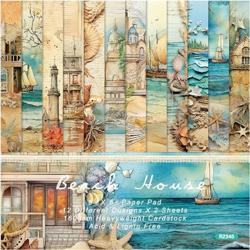 Scrapbooking Papier, 24 Blätter Vintage Scrapbook Papier, 15 x 15 cm Meeresthema Designpapier, Decoupage Papier Bastelpapier, Scrapbook Zubehör für DIY Tagebuch, Grußkarten, Handwerk, Notizbuch, Alben