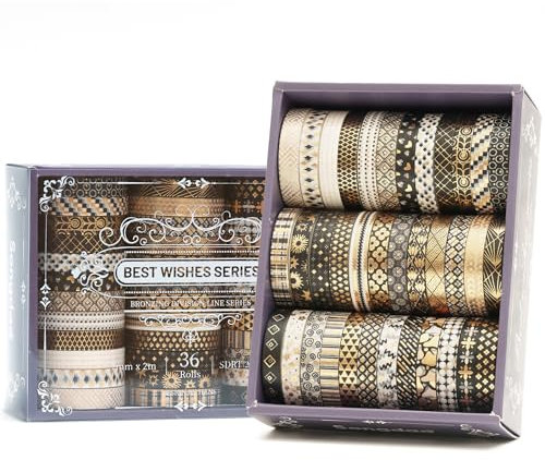 Songdao 36 Rollen dünn Folie Gold Washi Tape Set Masking Tape Klebeband Bunt für Kinder, Scrapbooking zubehör, Bullet Journals, Bastel Planer, Handwerk und DIY (Black & Gold)