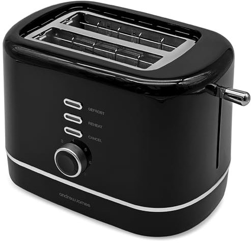 Andrew James Toaster 2 Slice – Black 2 Slice Toaster with Silver Trim – Stylish & Modern, Adjustable Browning Control, Removable Crumb Tray, Ideal for Breakfast – Modern Kitchen Appliance