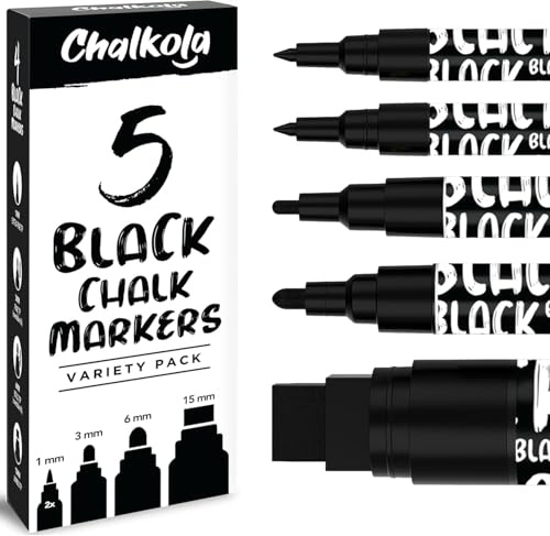 Chalkola 5 Black Liquid Chalk Markers for Blackboard, Chalkboard Signs, Car Windows, Glass - Washable Black Dry Erase Markers | Variety Pack - Fine & Jumbo Size Chalk Pen (1mm, 3mm, 6mm, 15mm)