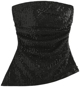 GORGLITTER Damen Tube Tops Pailletten-Dekor Sommer Top Oberteile Asymmetrisch Bandeau-Top Sommer Trägerloses Crop Top Elegant Ärmellos Freizeittop Schwarz S