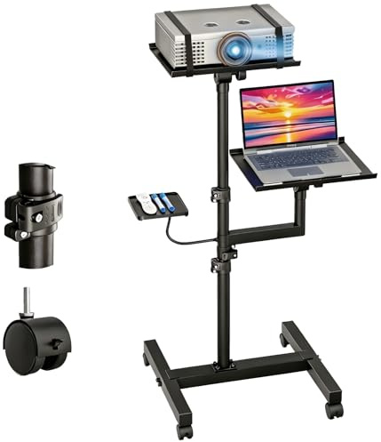 ORWOD Projector and Laptop Stand Tripod, 2 Shelves Mobile Laptop Tripod Stand, Max 47 Height Adjustable Laptop Cart on Wheels, Projector Floor Stand with Ventilated Tray for Podium, Meeting, Couch