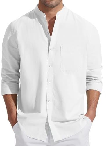 Friptspyg Hommes Chemise de Plage en Lin Coton - Casual Manches Longues à Col Arrondi, Taille Regular, Blanc M