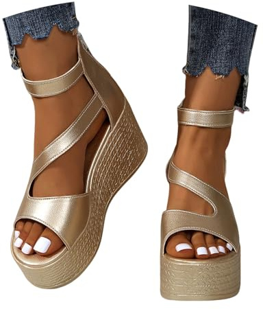 MEECHI 2025 Nouveau Sandales Creuses Sandales Compensées D'été for Femmes Sandales De Mariée Rétro Talons Hauts À Plateforme Chaussures De Soirée À Bout Ouvert avec Fermeture Éclair(Gold,42 EU)