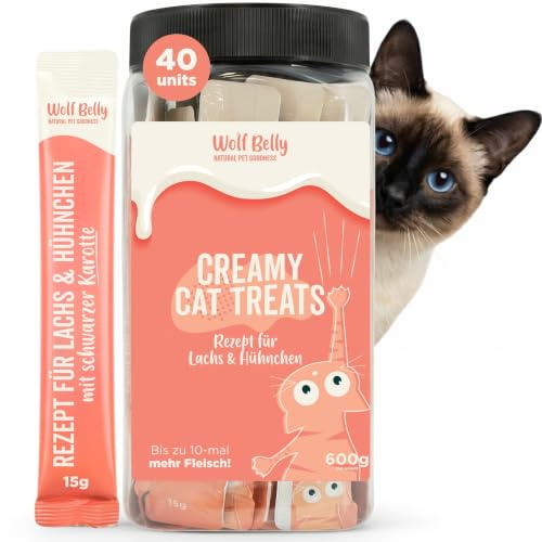 Wolf Belly - Lachs & Huhn Katzenleckerlis (40 × 15g) Cremige Snacks | Gesund und Lecker | Reich an Proteinen und Omega-3 | Ohne Getreide und Künstliche Farbstoffe - Made in Europe