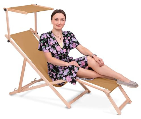 DreamRoots Sonnenliege klappbar mit Dach aus Holz - Liegestuhl mit Sonnenschutz & Fußstütze bis 130 kg, Oxford-Polyester 220g/m², 3-Fach verstellbar - Beige
