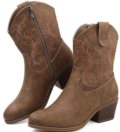 Bravover Cowboy Boots for Women Embroidered Side Zip Block Heel | Western shaft almond toe faux leather upper soft lining textured outsole for festivals country concerts and casual outfits