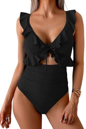 Yutdeng Bañador para Mujer Cuello V Volantes Traje de Baño de Una Pieza Cintura Alta Trajes de Baño Lace Up Bañadores Vientre Plano Monokini Push Up Relleno Swimsuit Sexy Ropa de Baño Playa Swimwear