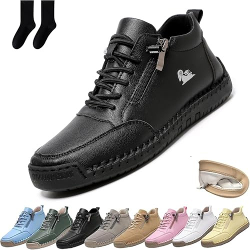 Zapatos cómodos ortopédicos de cuero hechos a mano para mujeres y hombres, zapatillas de cuero para mujer con cremallera lateral, zapatos casuales para conducir y caminar al aire libre, Black, 44 EU