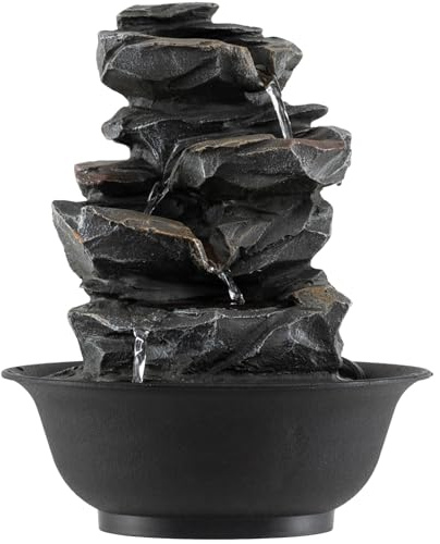 TANGZON Indoor Fountain, Tabletop Water Fountain with LED Light & Adjustable Flow, Rockery Waterfall Feature for Home Office Decor, 3 Pin UK Plug Included (21.5 x 21.5 x 26cm, Mountain)