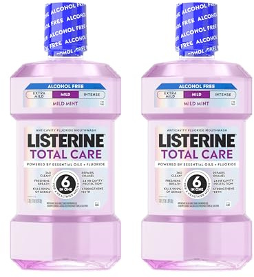 Listerine Total Care Alcohol-Free Mild Mouthwash, 6 Benefit Oral Rinse to Help Kill 99.9% of Germs That Cause Bad Breath, Strengthen Enamel, Mild Mint Flavor, Twin Convenience Pack, 2 x 1 L